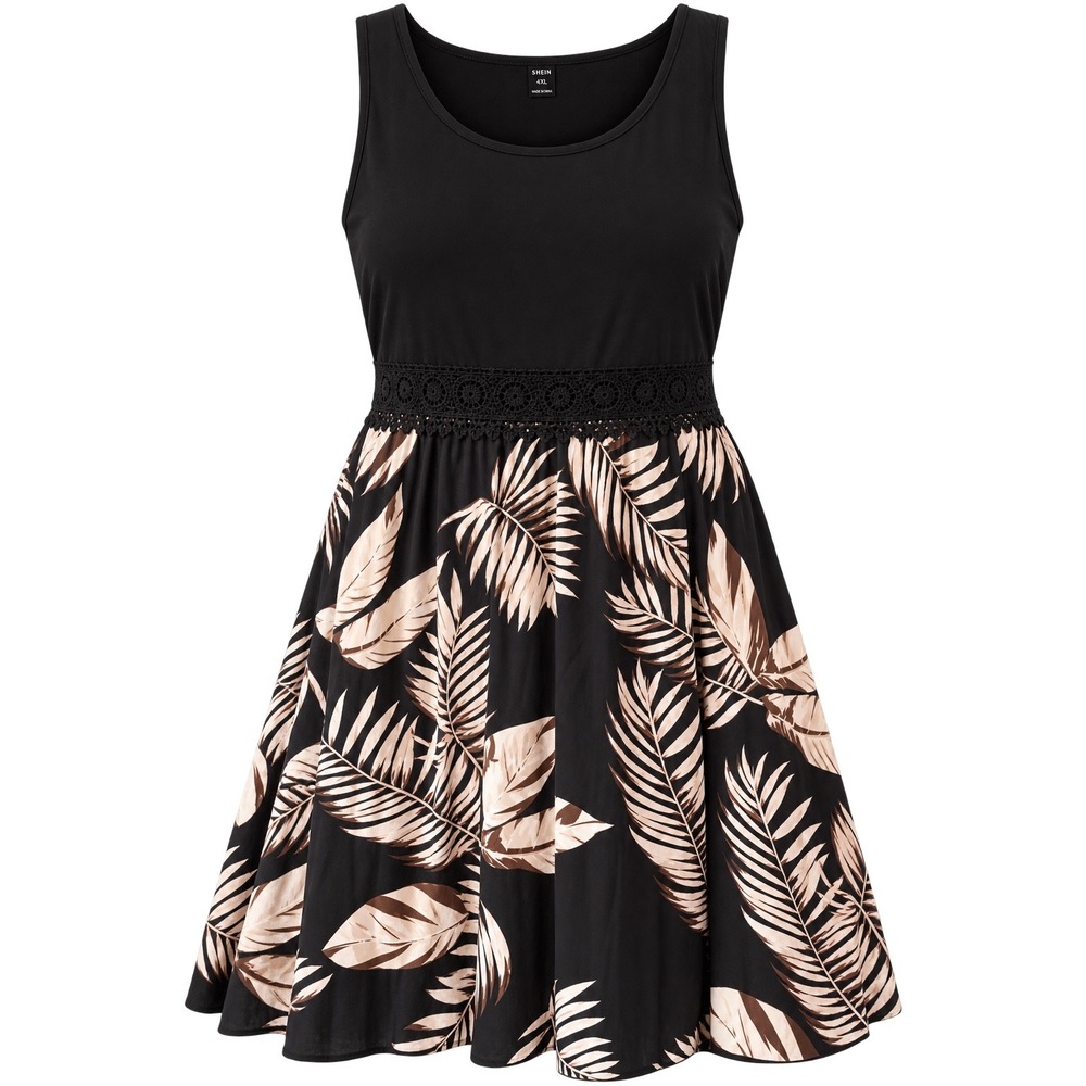 SHEIN Tank Dress Women 4XL Black Palm Print Crochet Boho Cottagecore Granolagirl